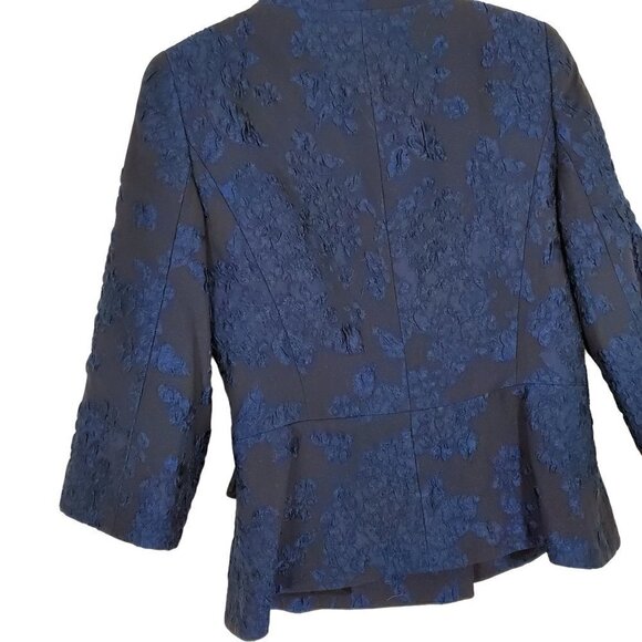 Escada Silk Brocade Lined Blazer Top Womens 36 Mock Neck Navy Blue Office Formal - Picture 9 of 11